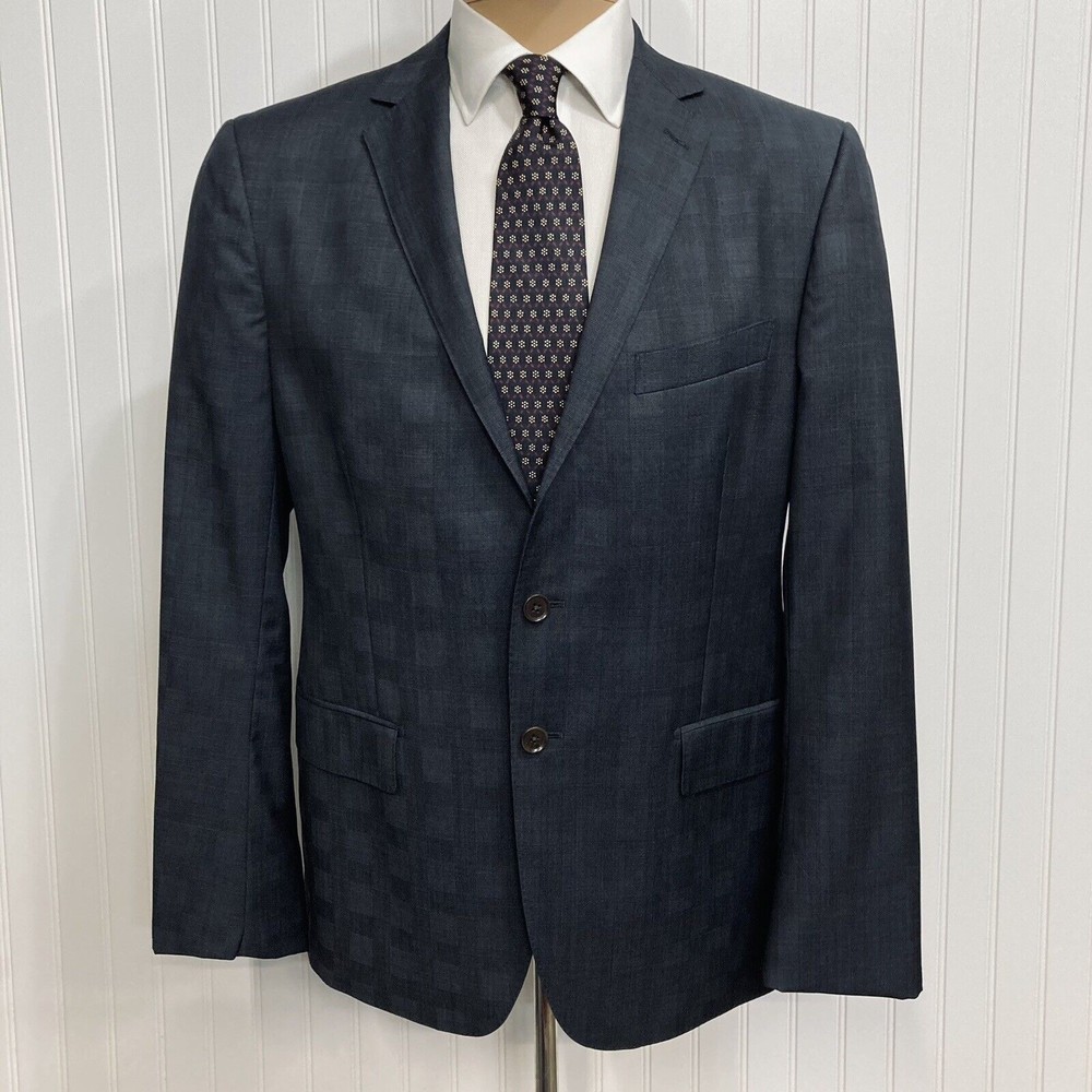DKNY Sport Coat Mens 42 Silver Plaid Wool Double Vented Blazer Suit Jacket 42R